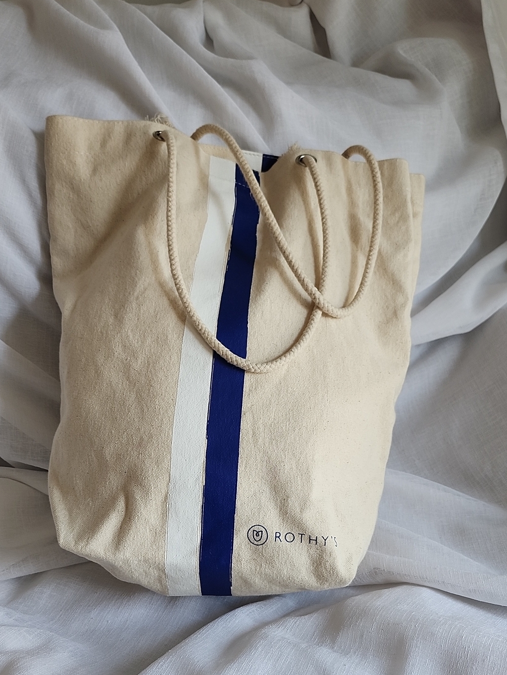 Rothy's Ex Cond Cream Canvas, Logo, Blue & White Stripe Accent Med Tote, $20 - Picture 5 of 8